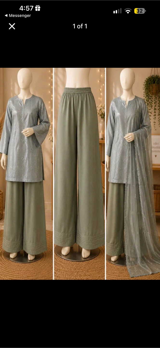Three-Piece Grey and Sage Green Kurta Set