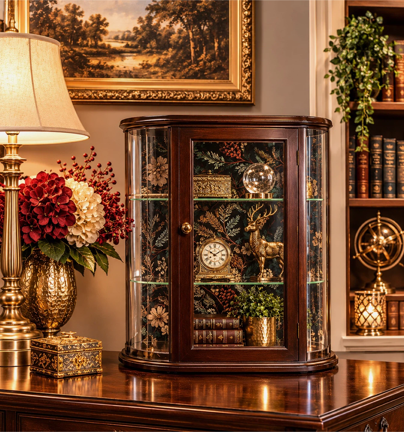 Wooden Curio Display Cabinet with Winter Botanical Backing