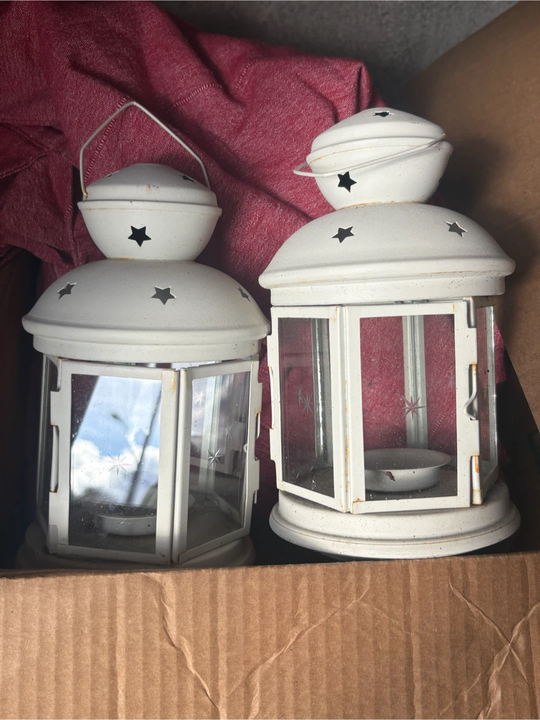 Set of Two White Metal Star Cutout Lanterns