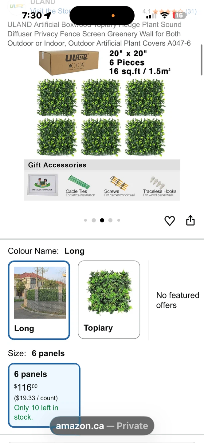 ULAND Artificial Greenery Hedge Wall Panels (6 Pieces)