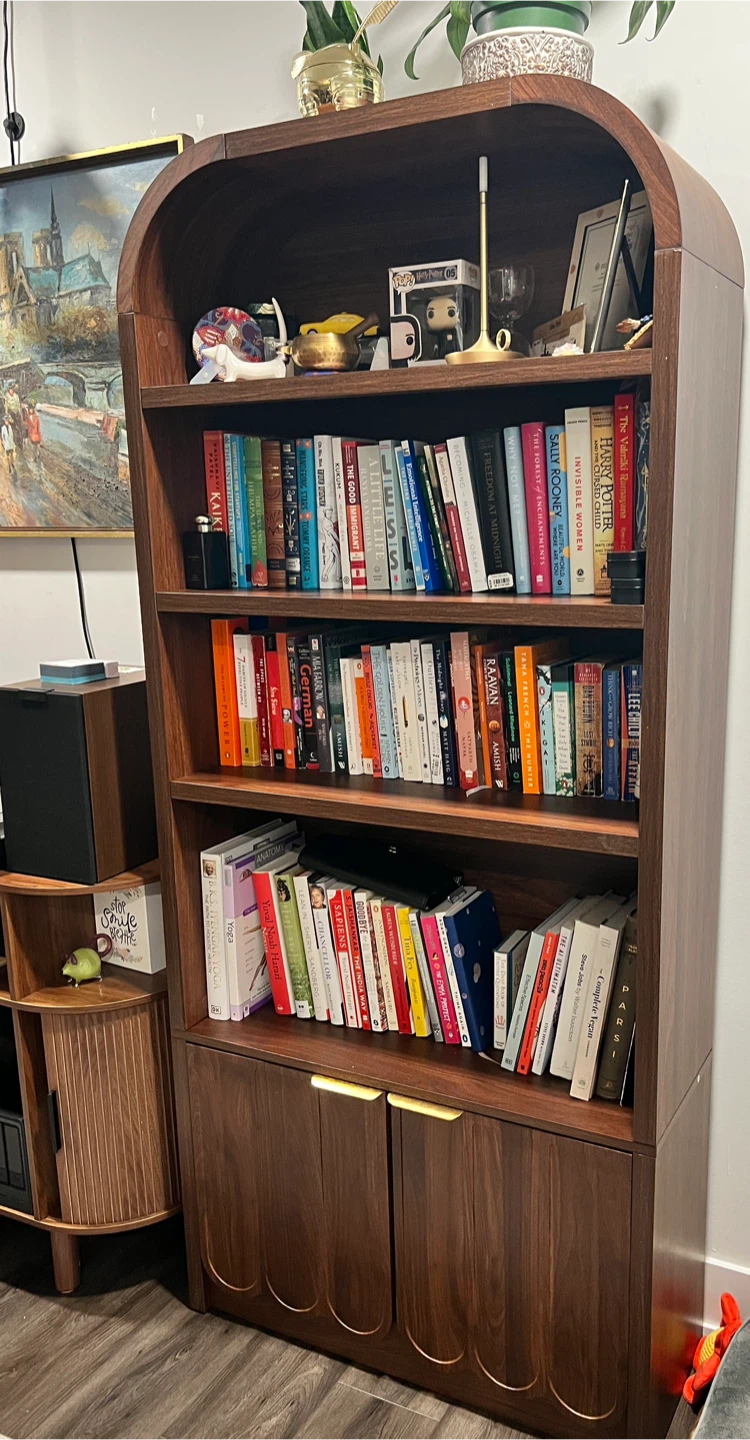Arched Wooden Bookshelf with Lower Storage Cabinet
