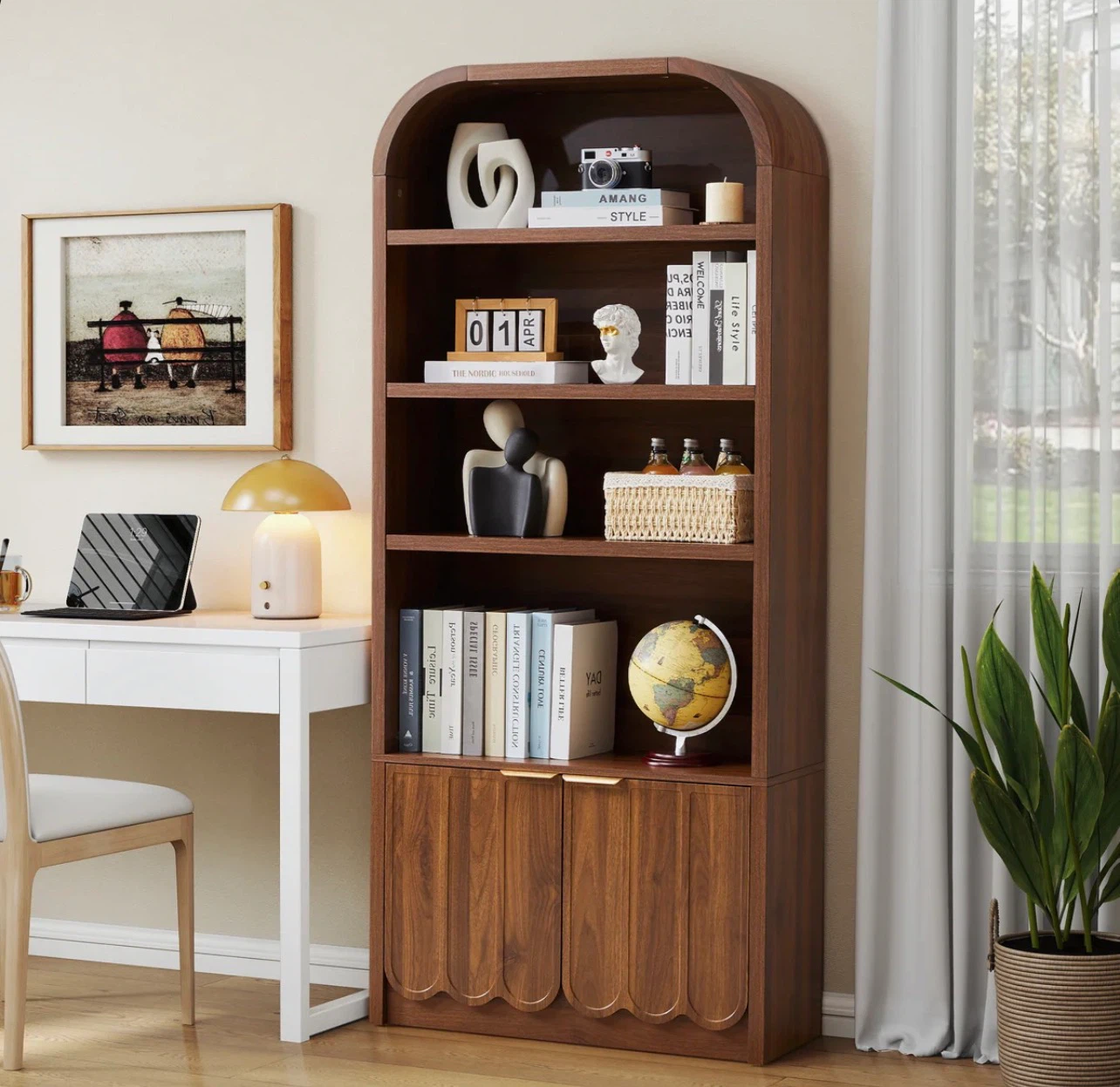 Arched Wooden Bookshelf with Lower Storage Cabinet - photo 3