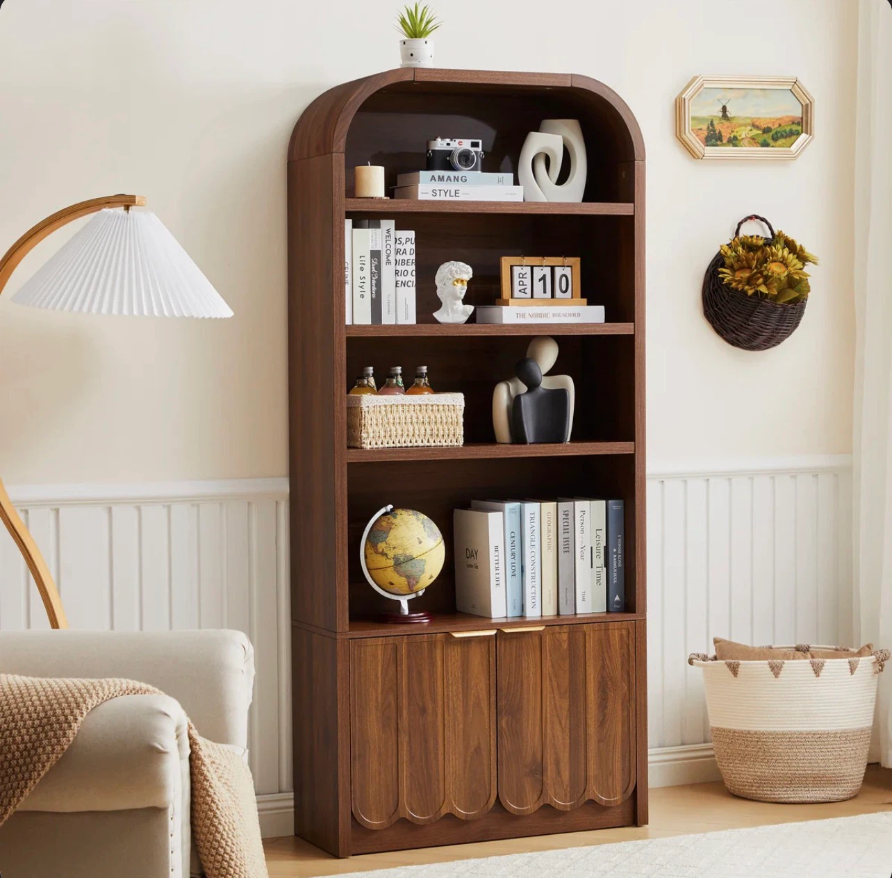 Arched Wooden Bookshelf with Lower Storage Cabinet - photo 4