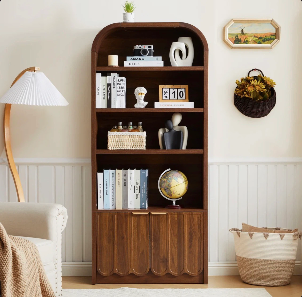 Arched Wooden Bookshelf with Lower Storage Cabinet - photo 5