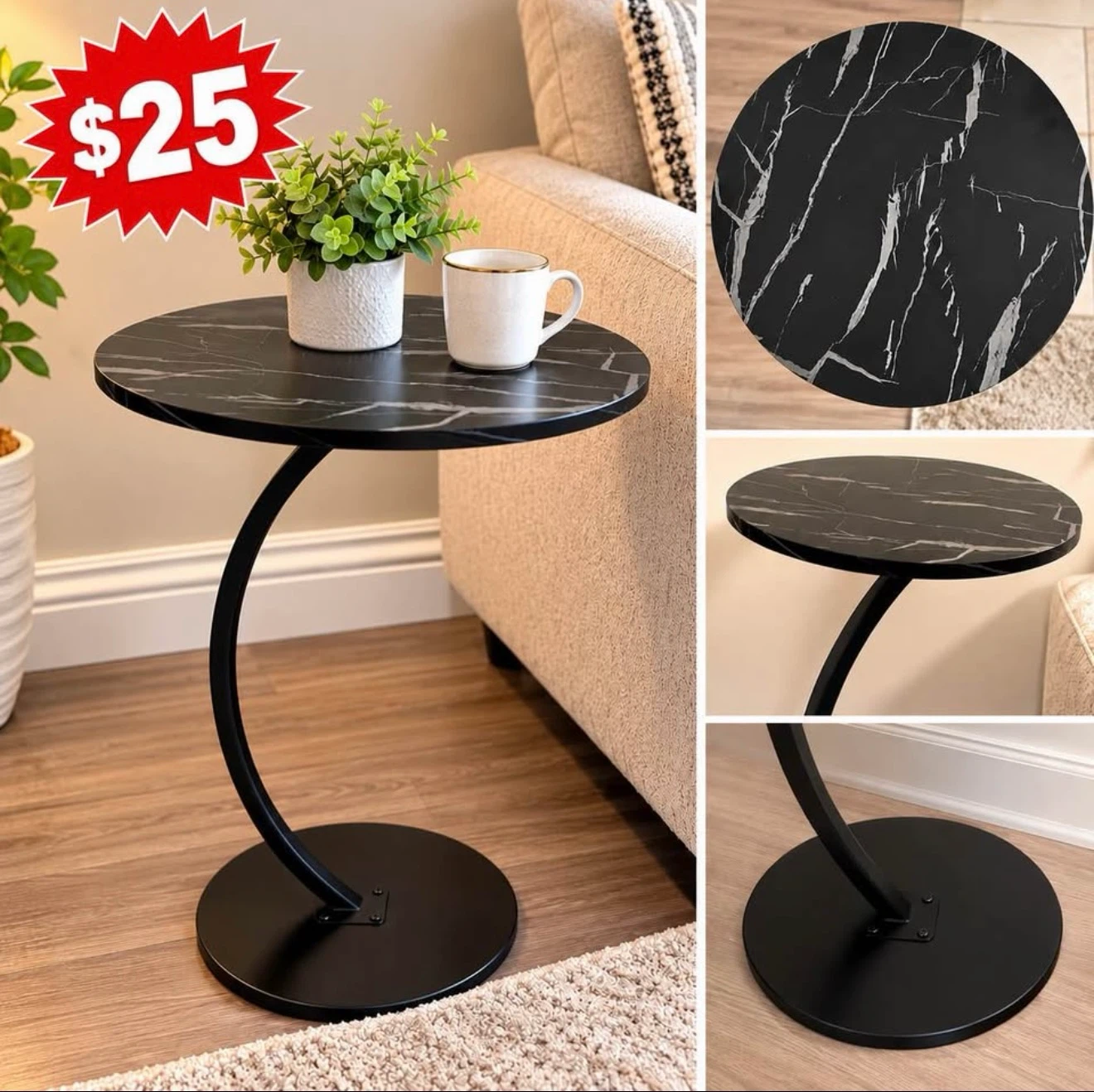 Black Marble Look C-Shaped Side Table