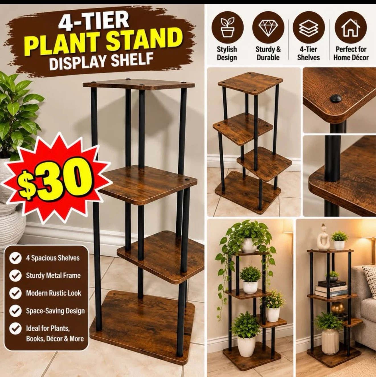4-Tier Rustic Plant Stand Display Shelf
