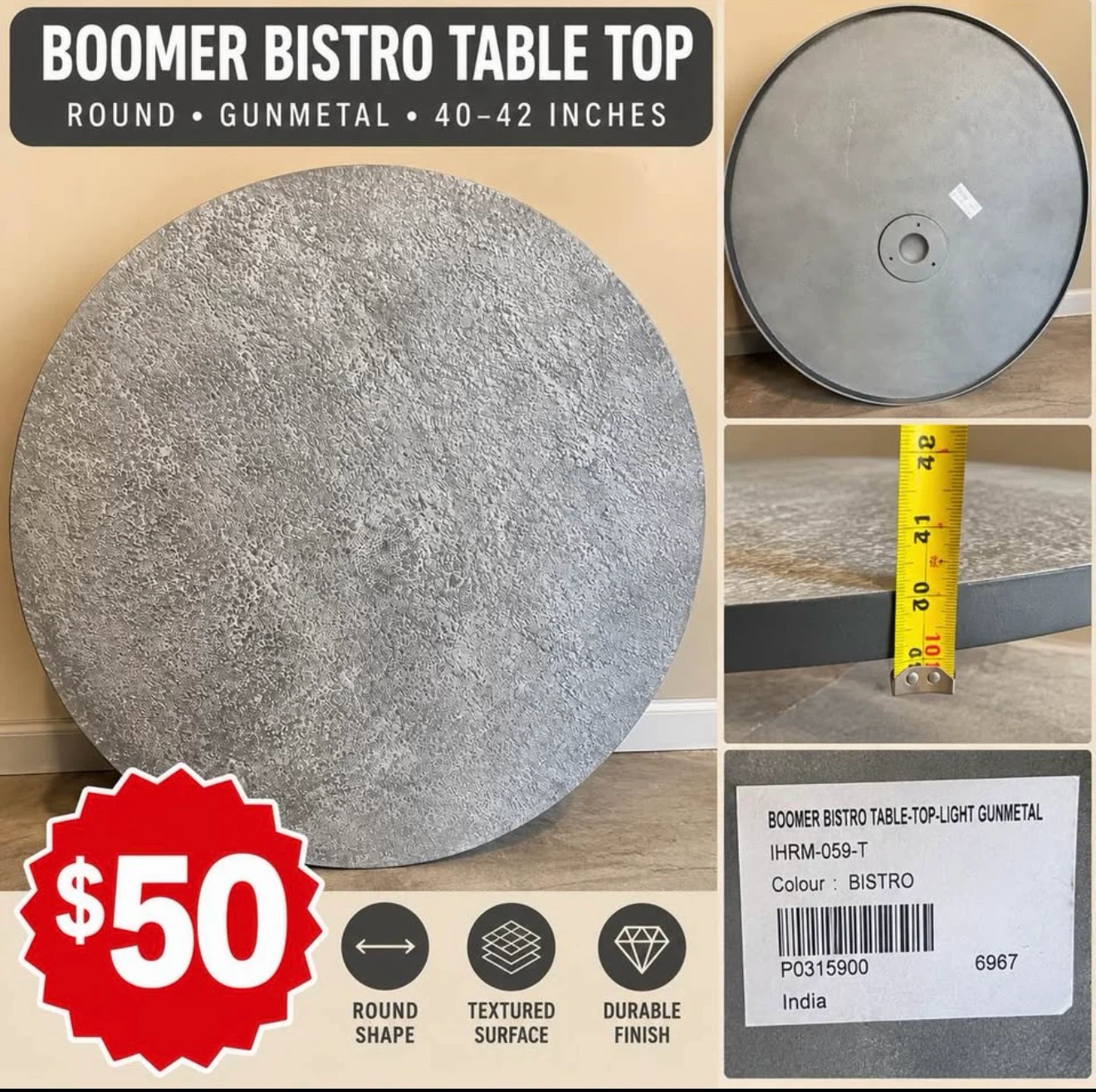 Boomer Bistro Round Table Top - Gunmetal