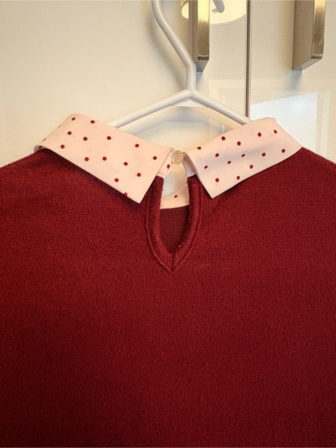 Burgundy Knit Sweater with Polka Dot Collar