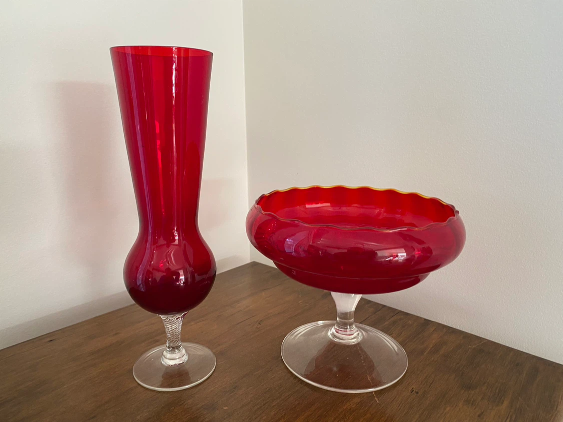 Vintage Ruby Red Glass Vase and Pedestal Bowl Set