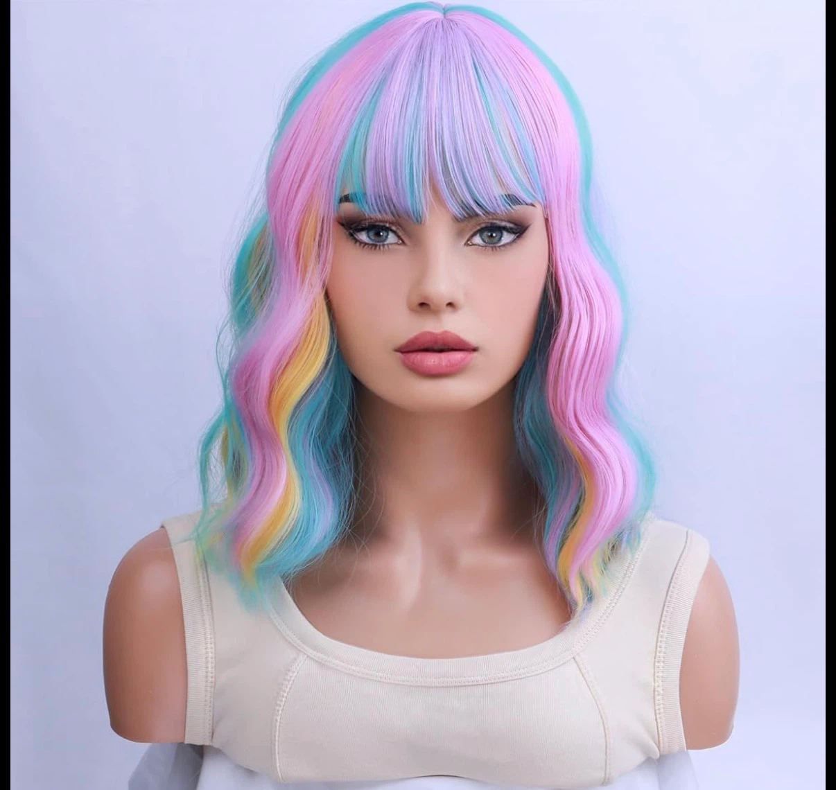 New Pastel Rainbow Wavy Wig with Bangs