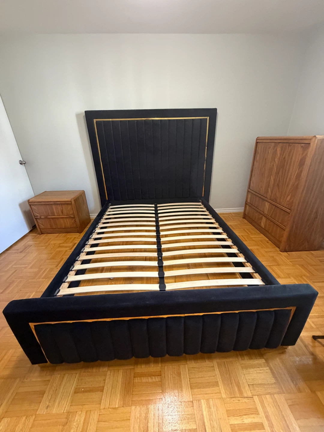 Black velvet upholstered bed frame
