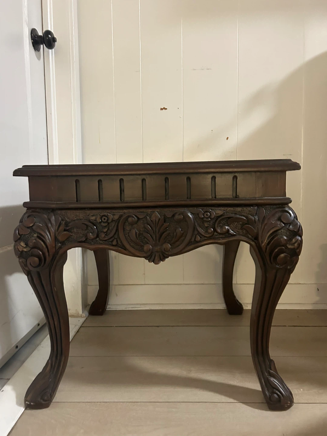 Vintage Dark Wood Side Table with Glass Top