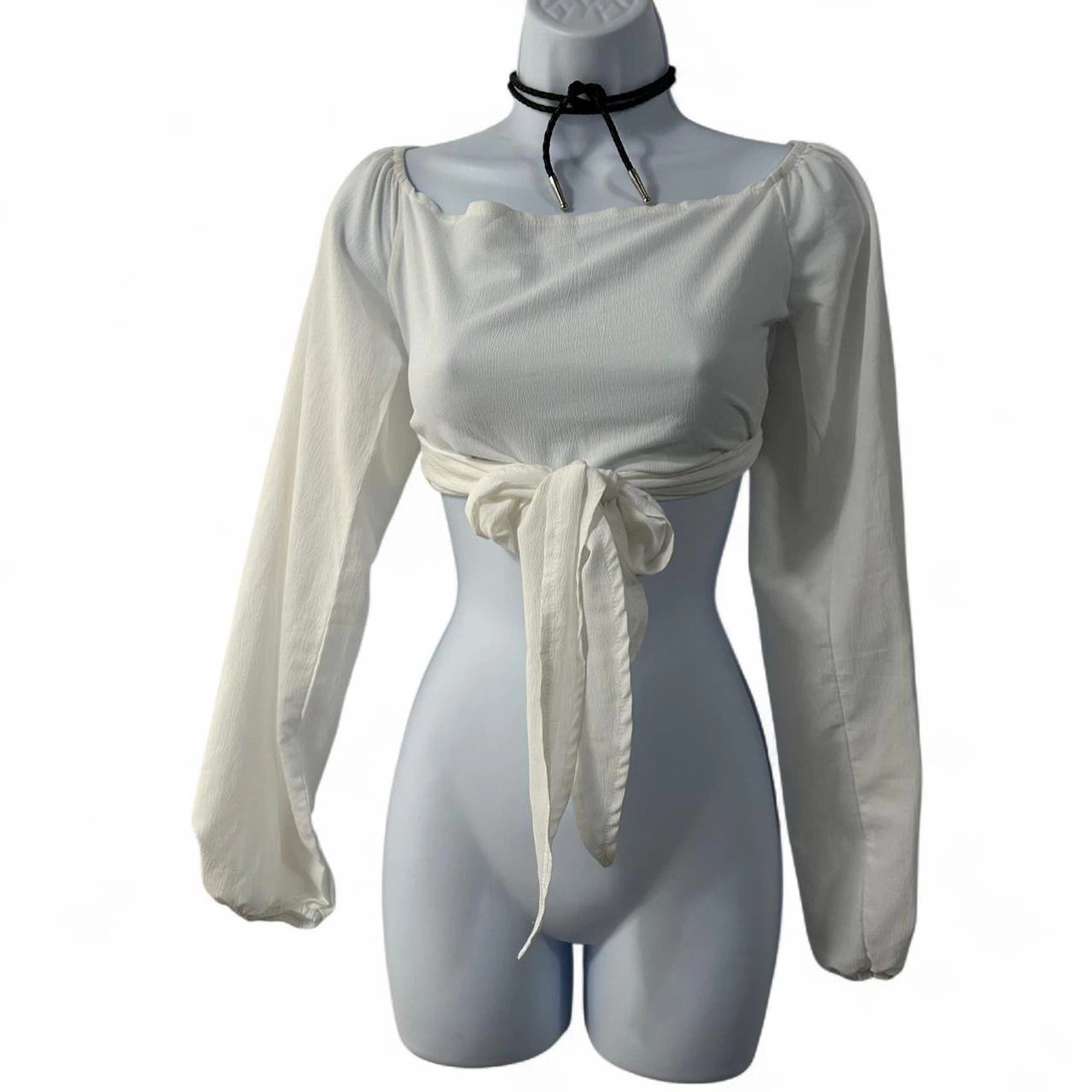 White Long Sleeve Crop Top with Front Tie
