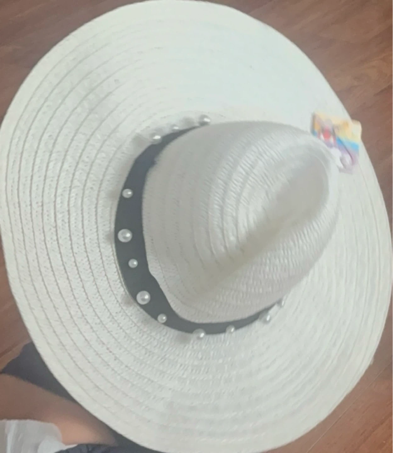 White Straw Sun Hat with Pearl Detail