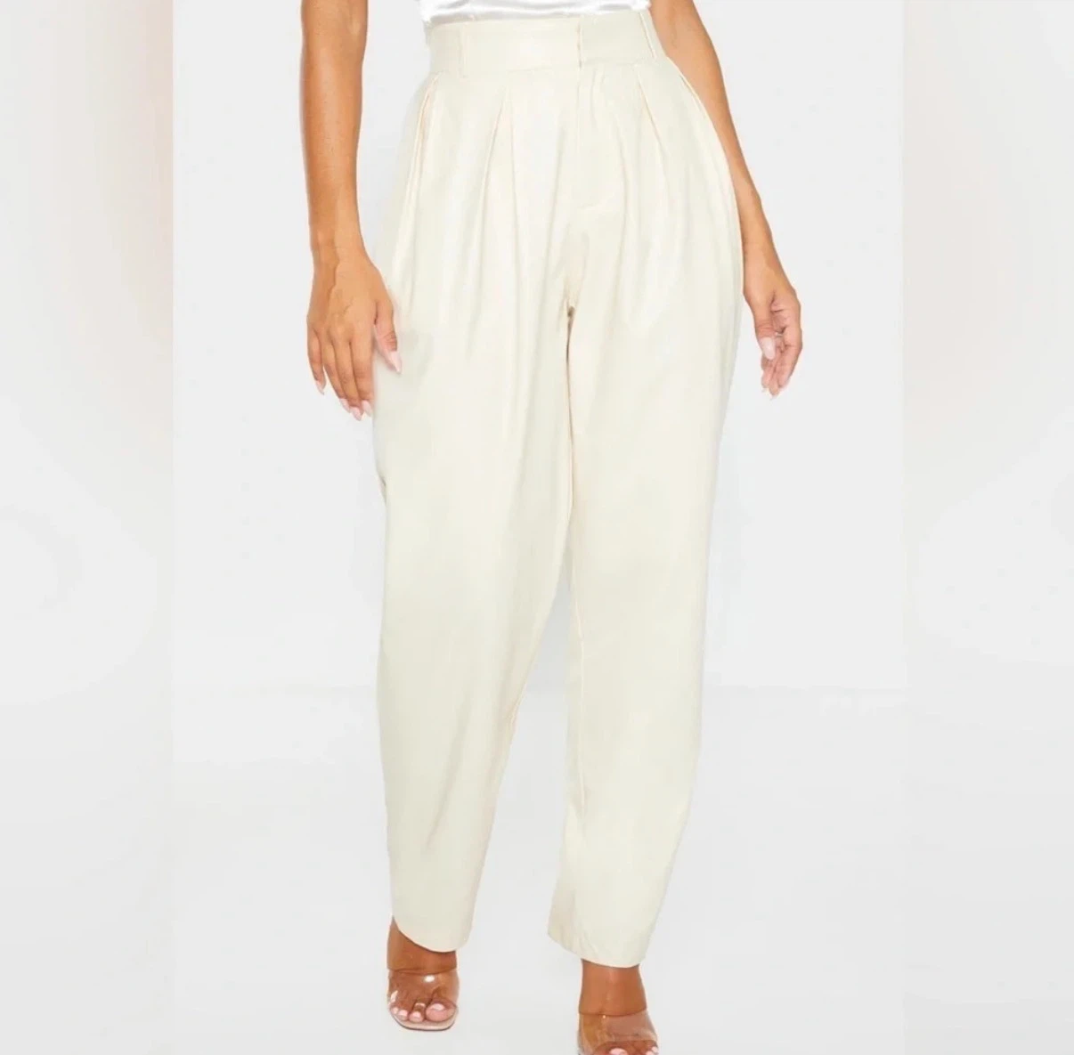 Beige Faux Leather Trousers