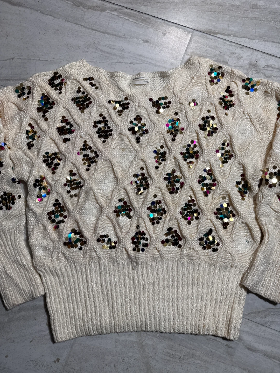 Anthropologie Sequin Cable Knit Sweater Cream