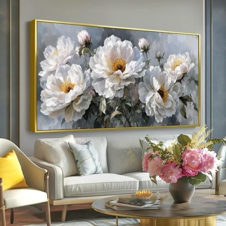 Large Floral Wall Art with Gold Frame