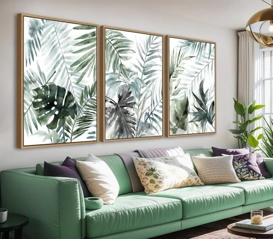 Set of 3 Tropical Leaf Wall Art Prints in Wooden Frame