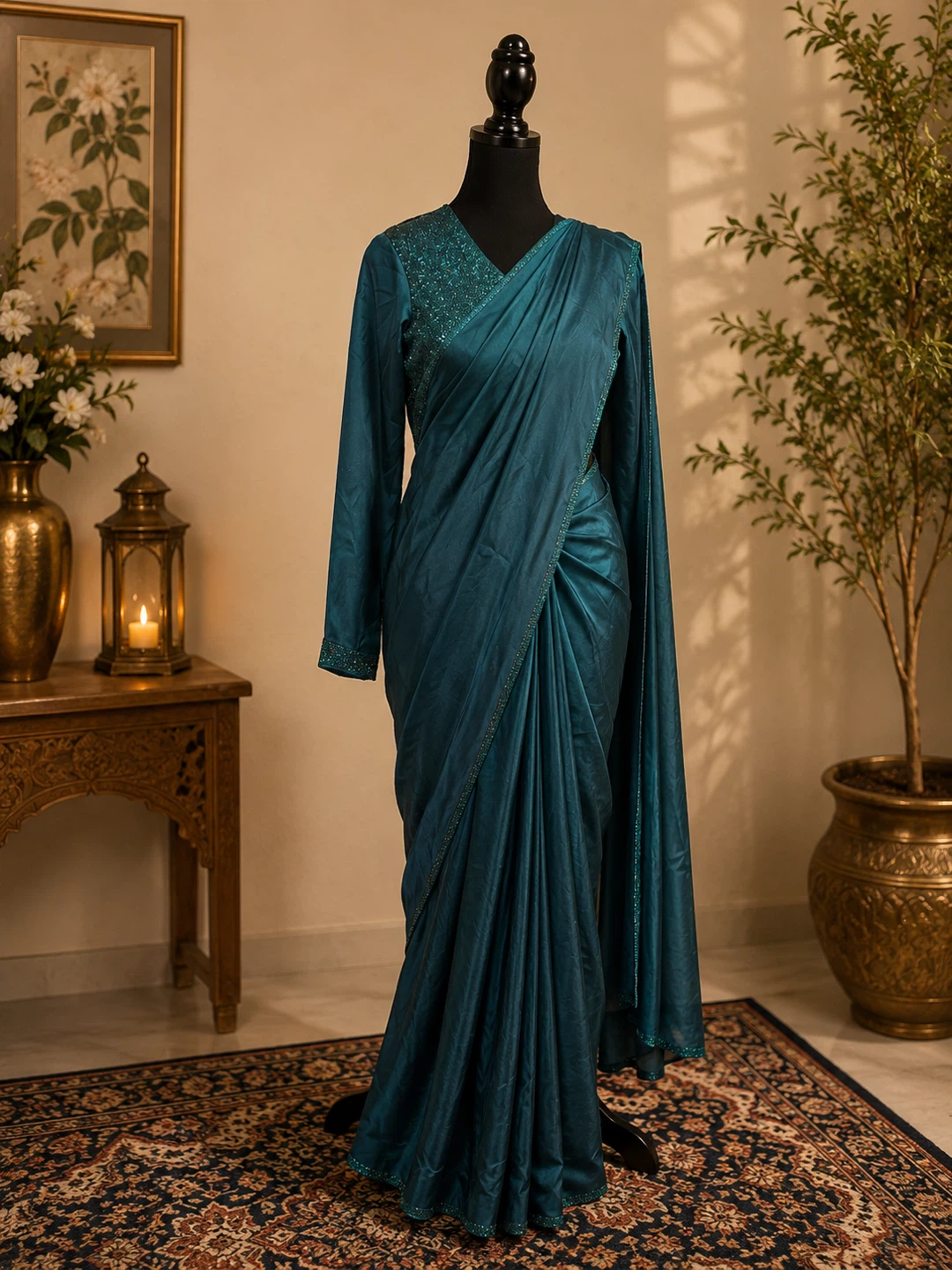 Teal Satin Saree with Long-Sleeved Blouse