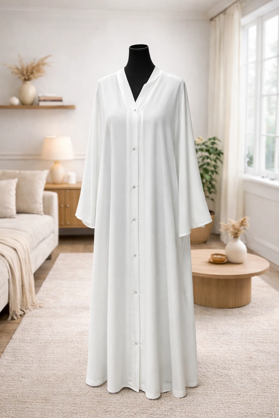 White Button-Front kaftan-Style Abaya