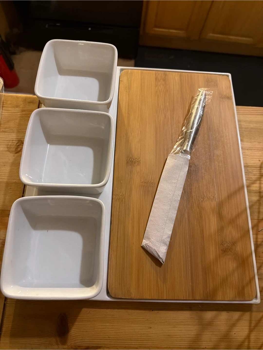 Serving Board with Three Bowls and Knife
