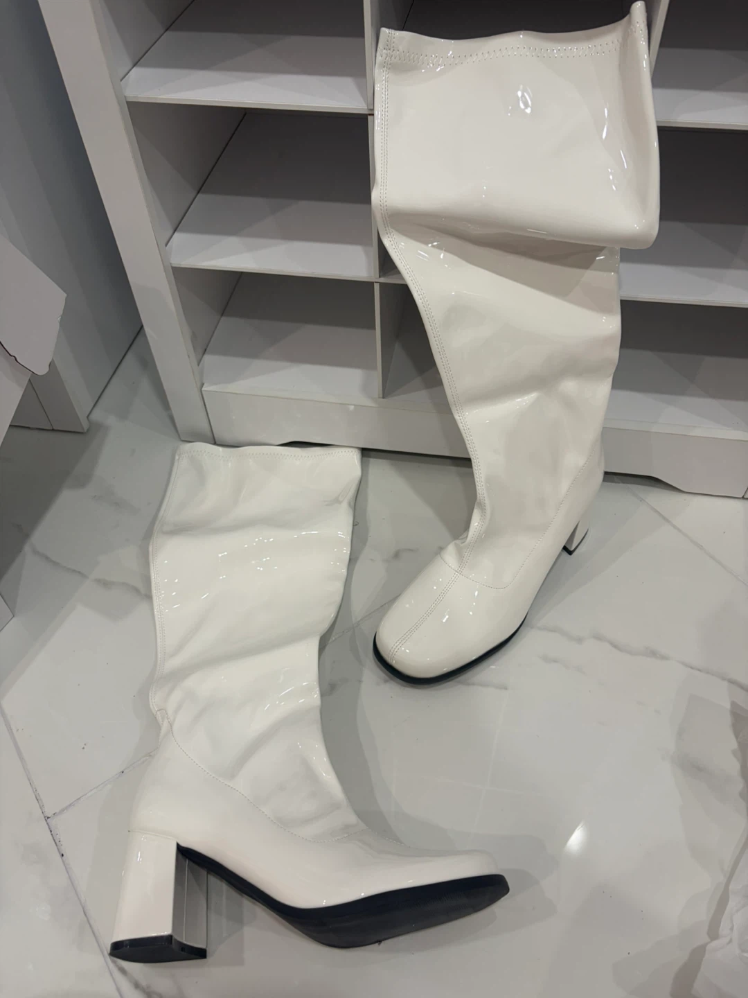 White Patent Block Heel Knee-High Boots