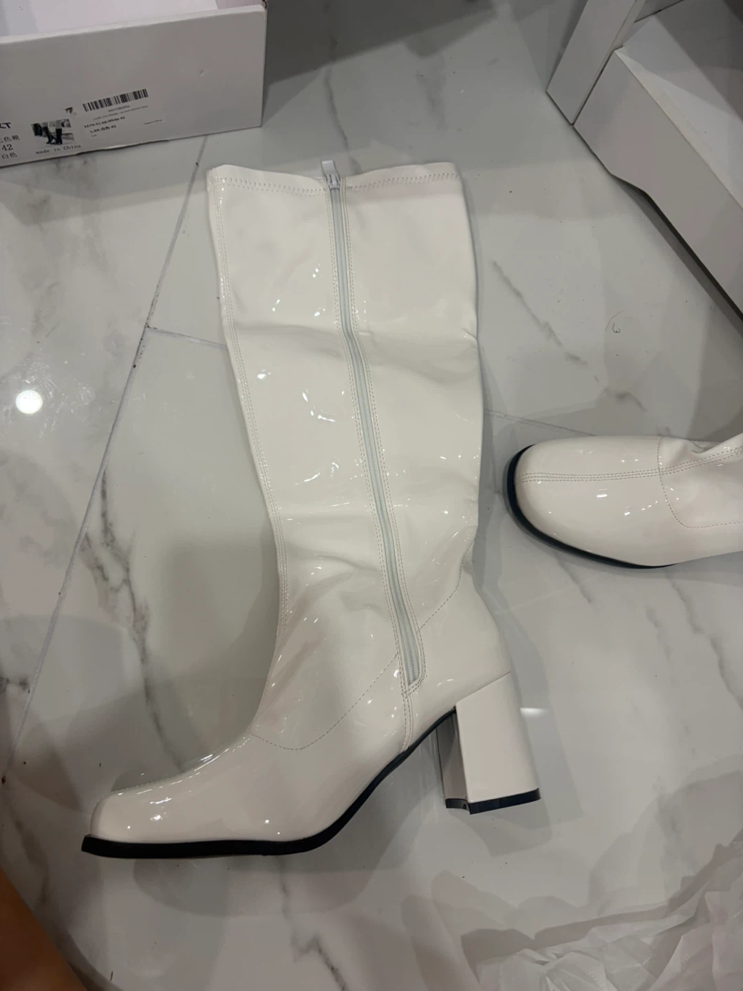 White Patent Block Heel Knee-High Boots - photo 2