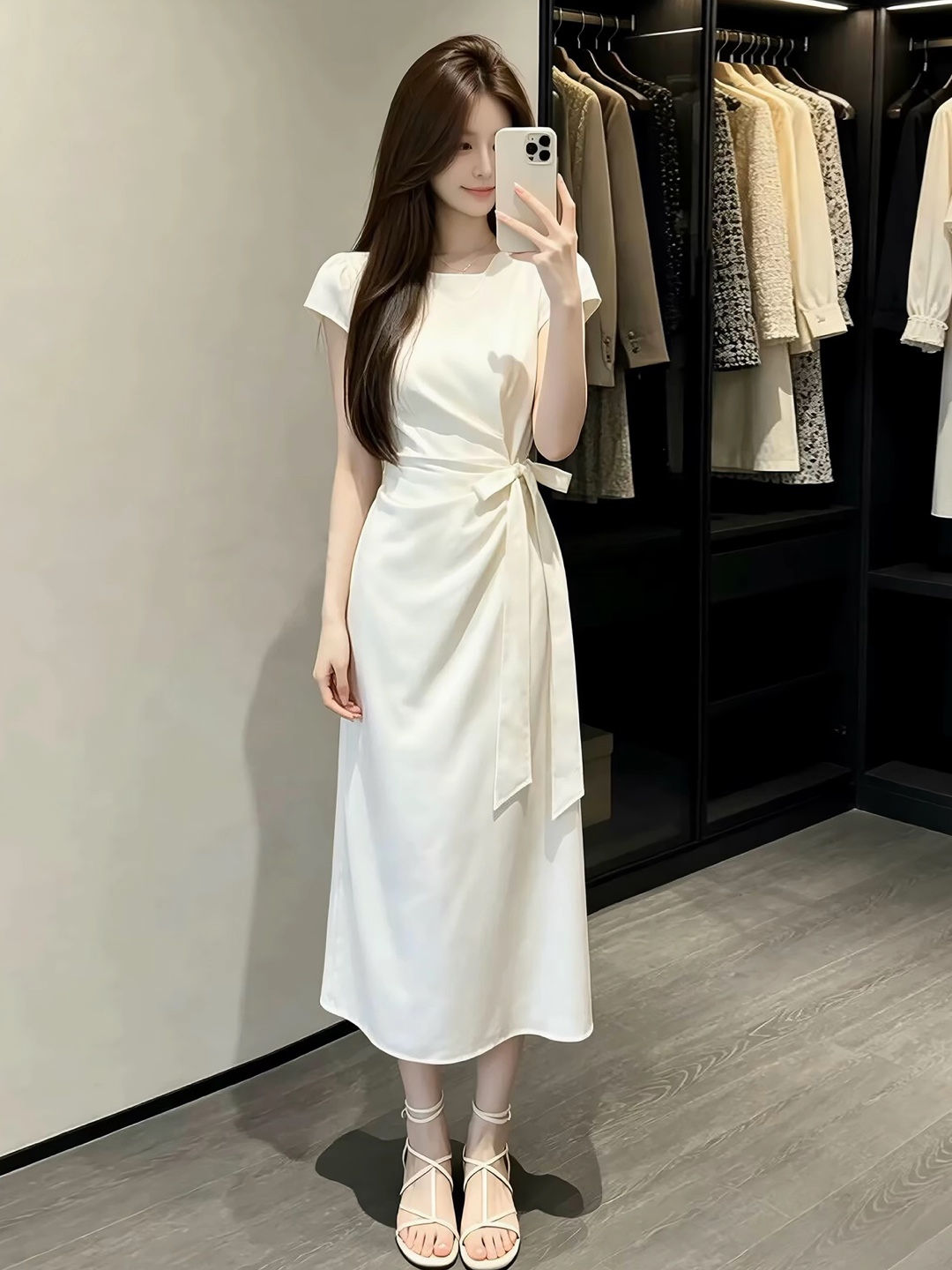 White midi dress with side tie