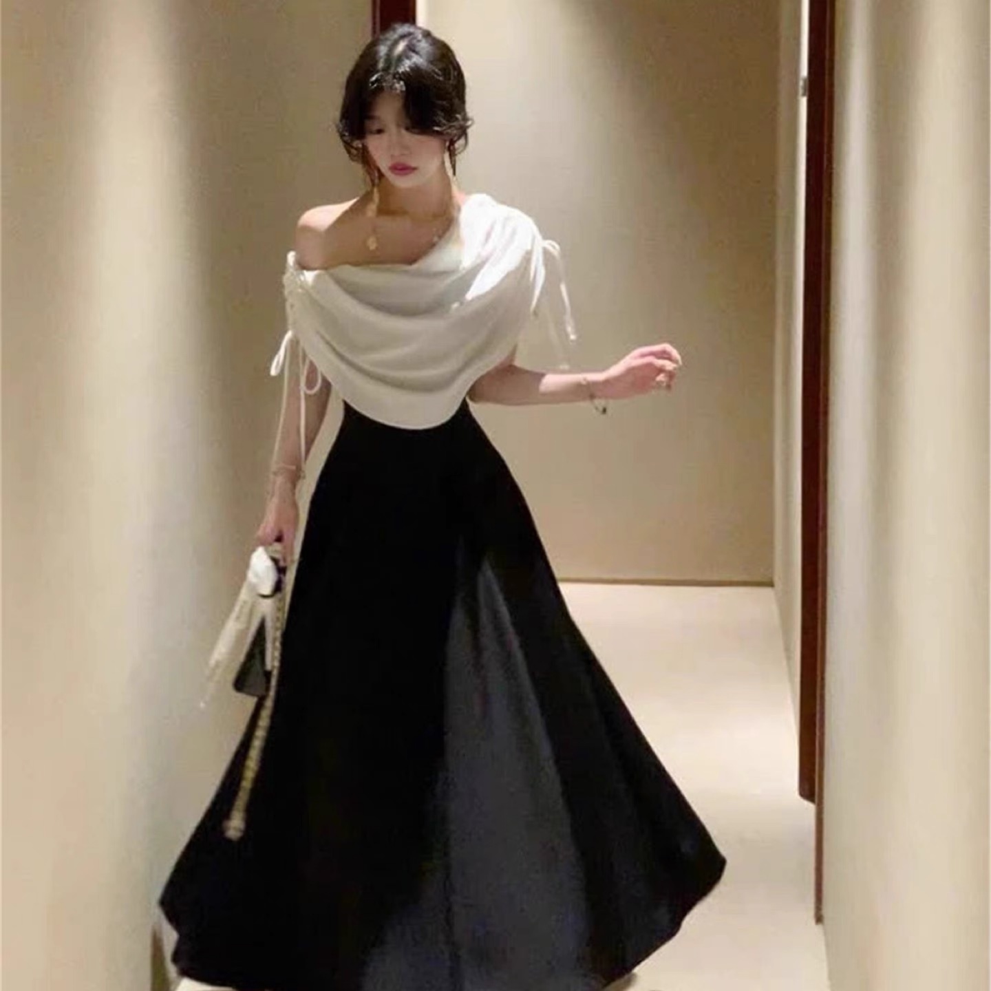 Two-Tone Black and White Off-Shoulder Dress