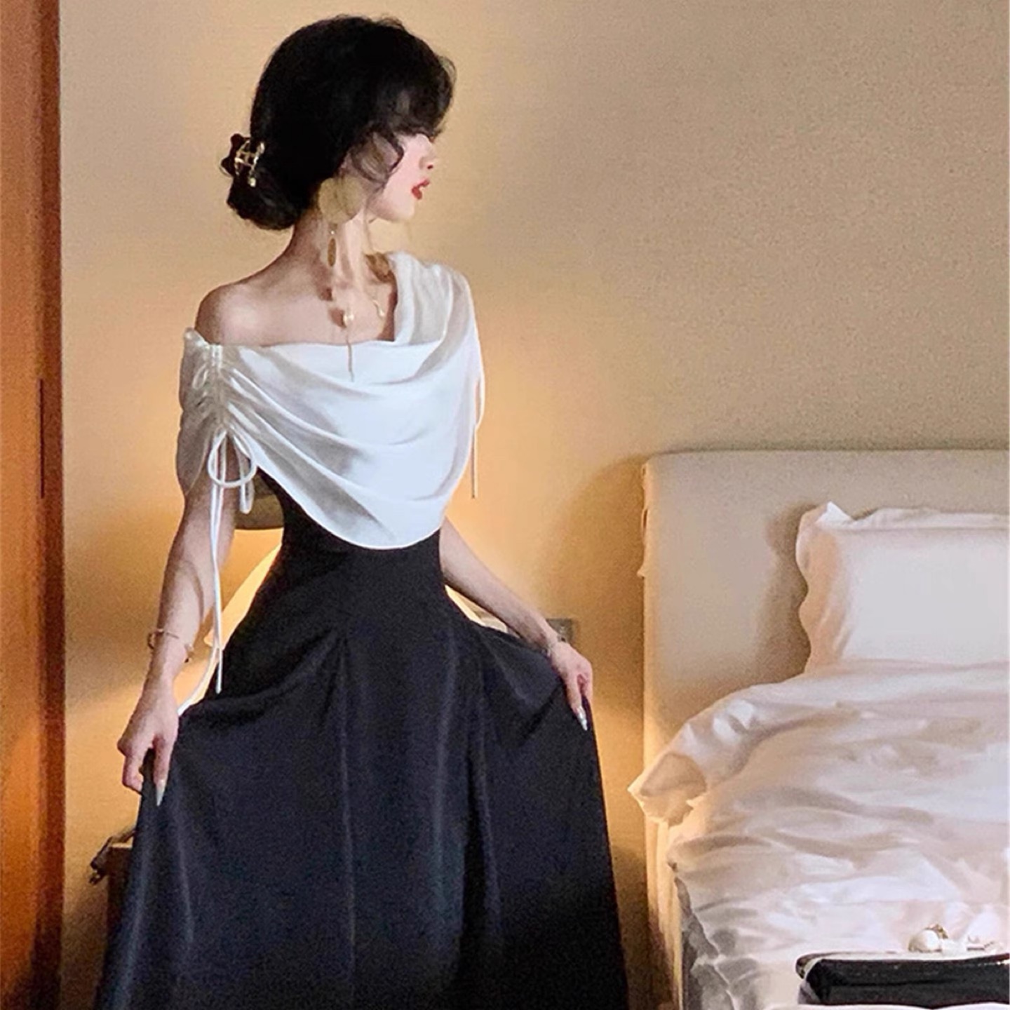 Two-Tone Black and White Off-Shoulder Dress - photo 2