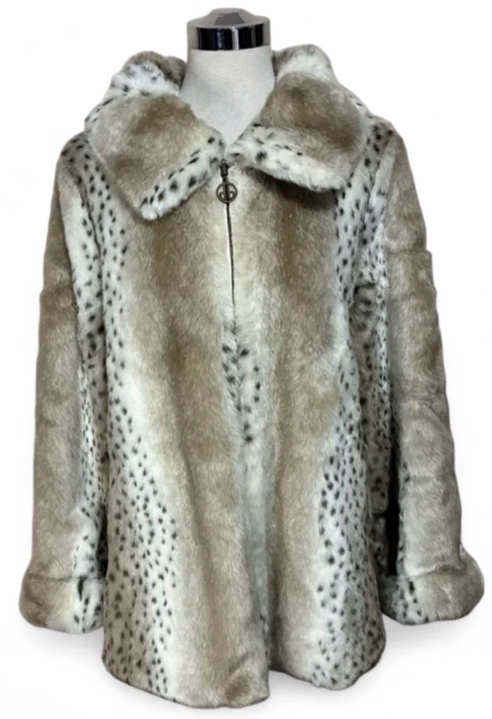 Dennis Basso Leopard Print Cream Taupe Faux Fur Reversible Coat