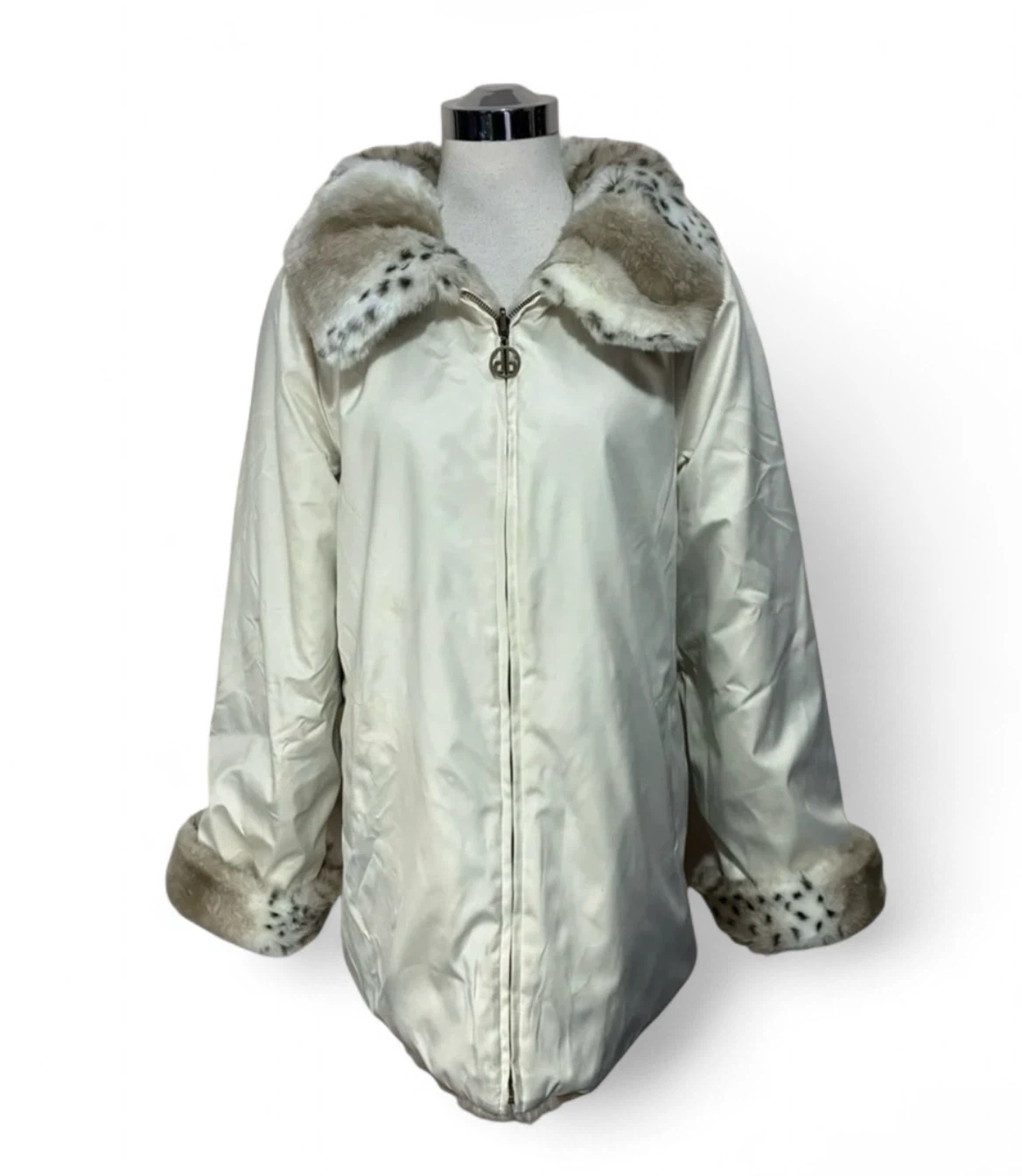 Dennis Basso Leopard Print Cream Taupe Faux Fur Reversible Coat - photo 5