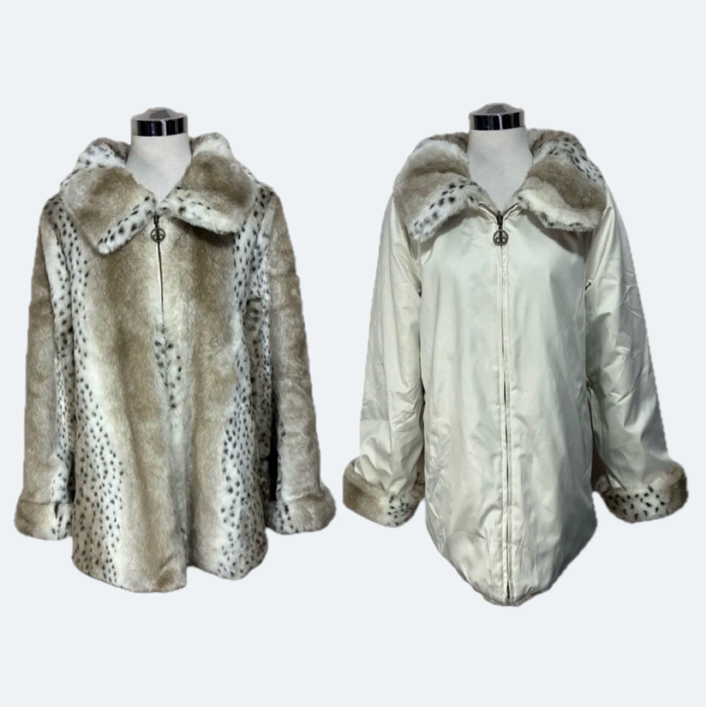 Dennis Basso Leopard Print Cream Taupe Faux Fur Reversible Coat - photo 2