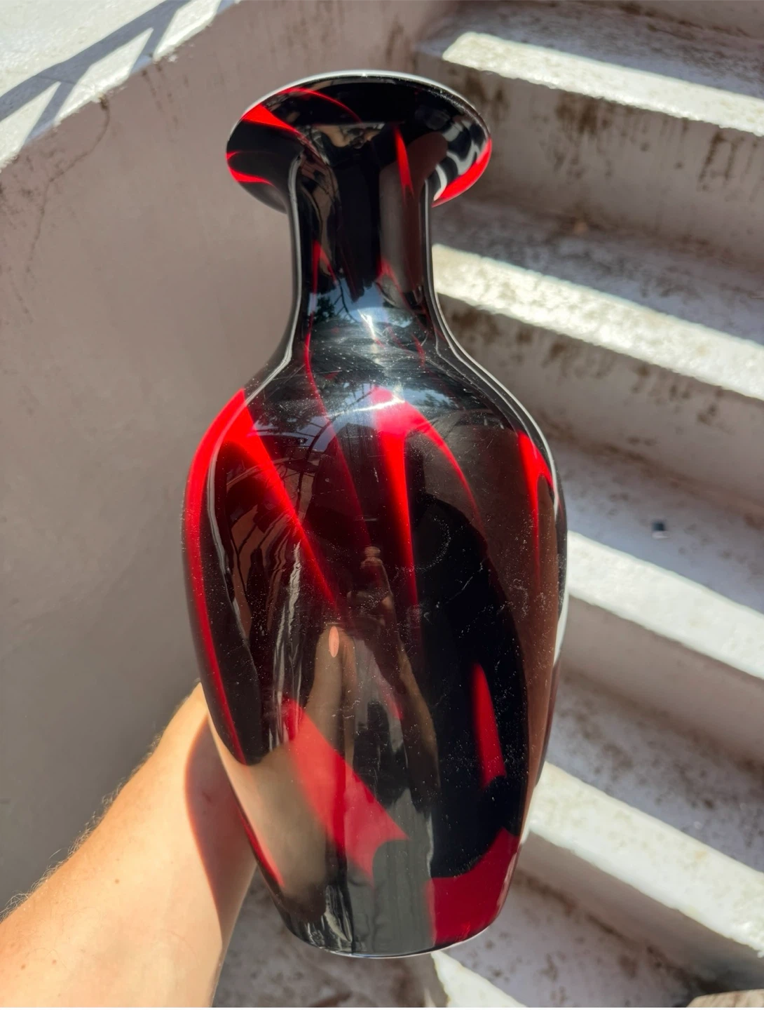 Red and Black Swirl Art Glass Vase