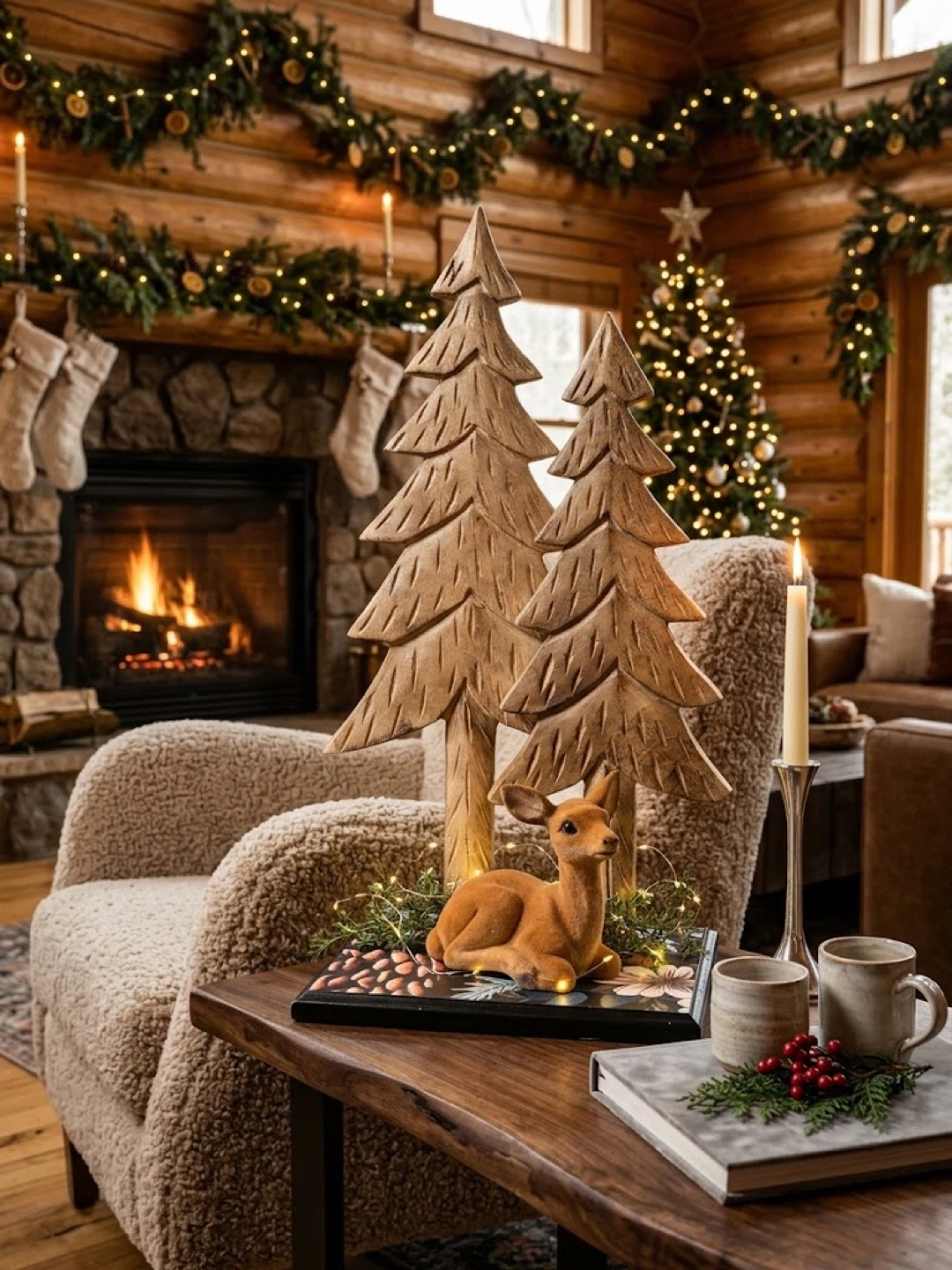 Rustic Velvet Deer & Wooden Trees Decor