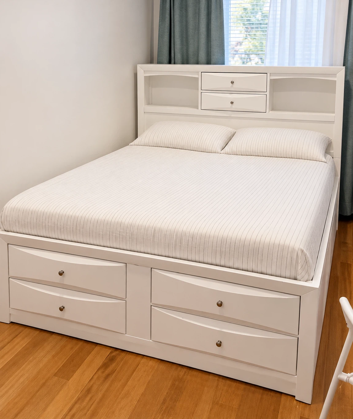 White Double Storage Bed with Drawers & Bookcase Headboard