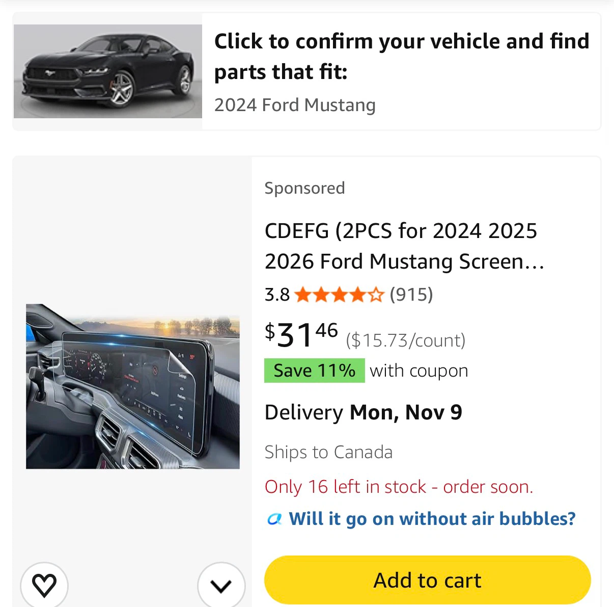 Screen Protector for 2024+ Ford Mustang