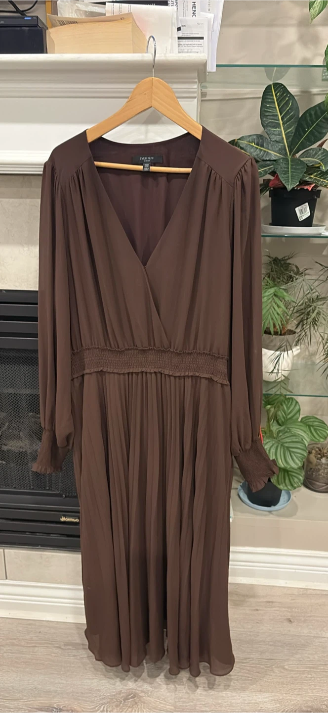 Ever New Brown Pleated Long Sleeve Dress