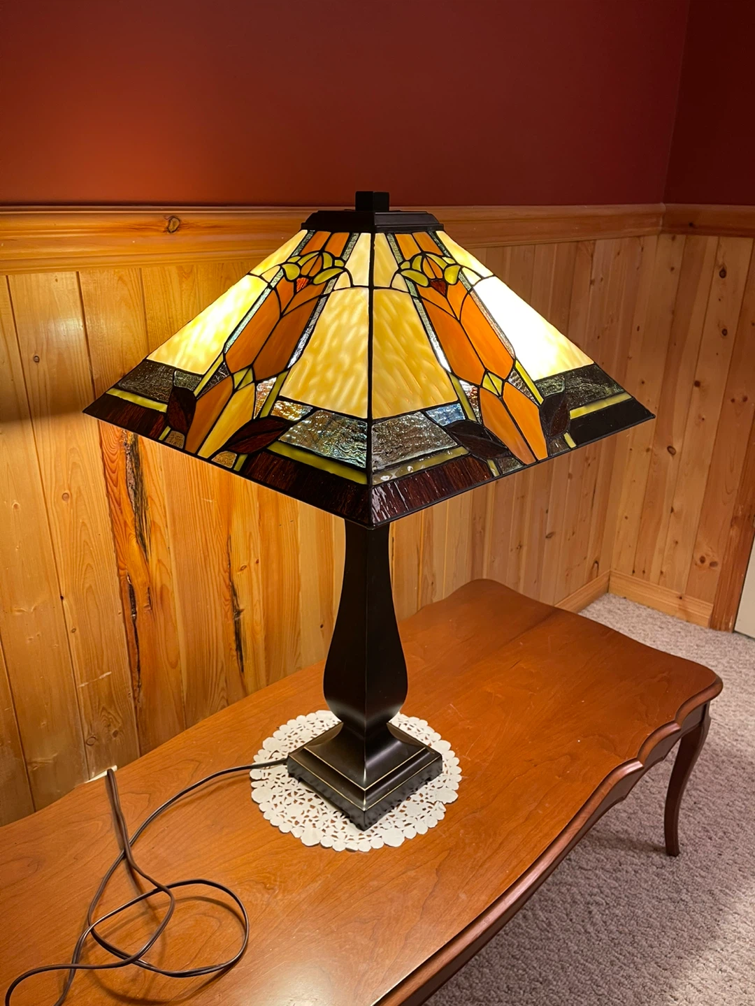 A large beautiful Tiffany Style stained glass table lamp
