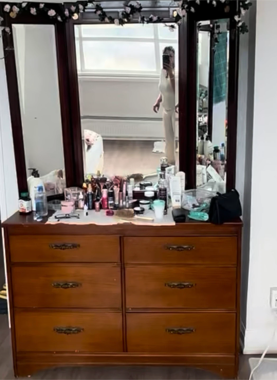 Wooden Dresser with Tri-Fold Mirror