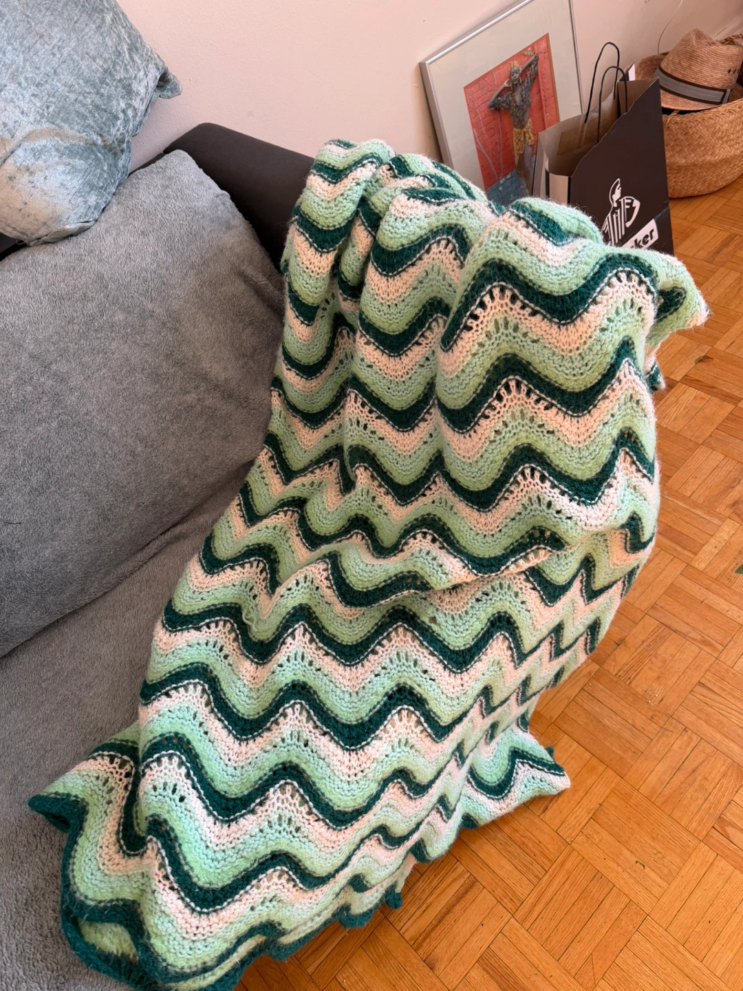 Hand-knitted Chevron Pattern Throw Blanket