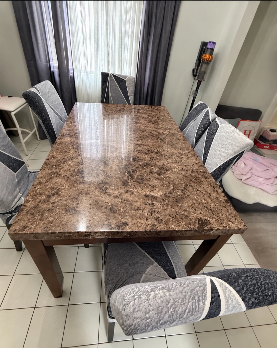 Faux Marble Dining Table with 6 Chairs