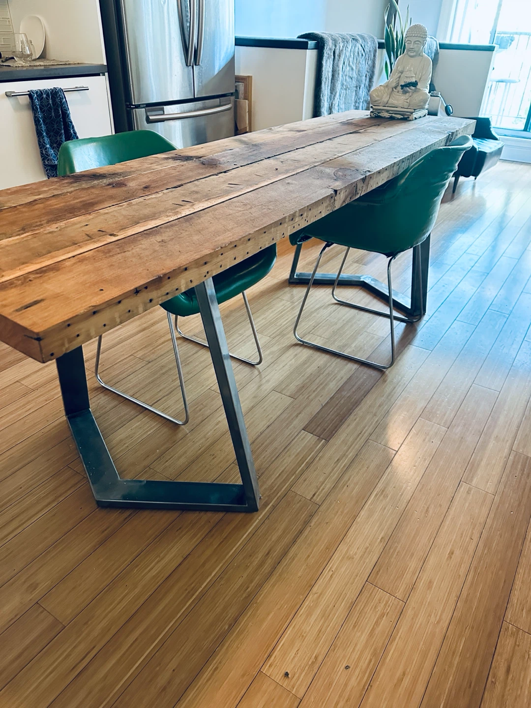 LONG VINTAGE RECLAIMED WOOD STEEL DINING TABLE / OFFICE DESK - photo 2