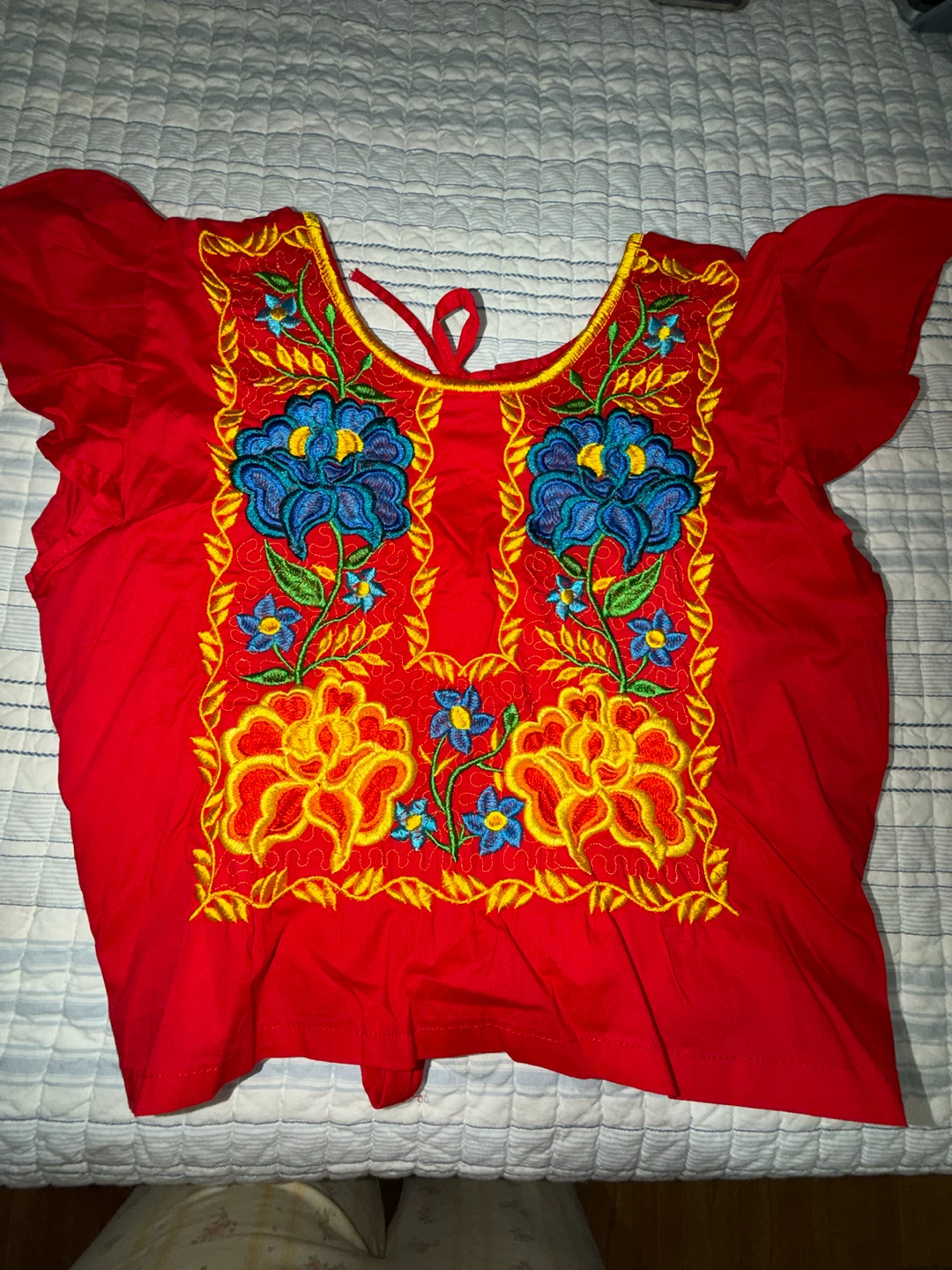 Red Embroidered Floral Tie-Front Top