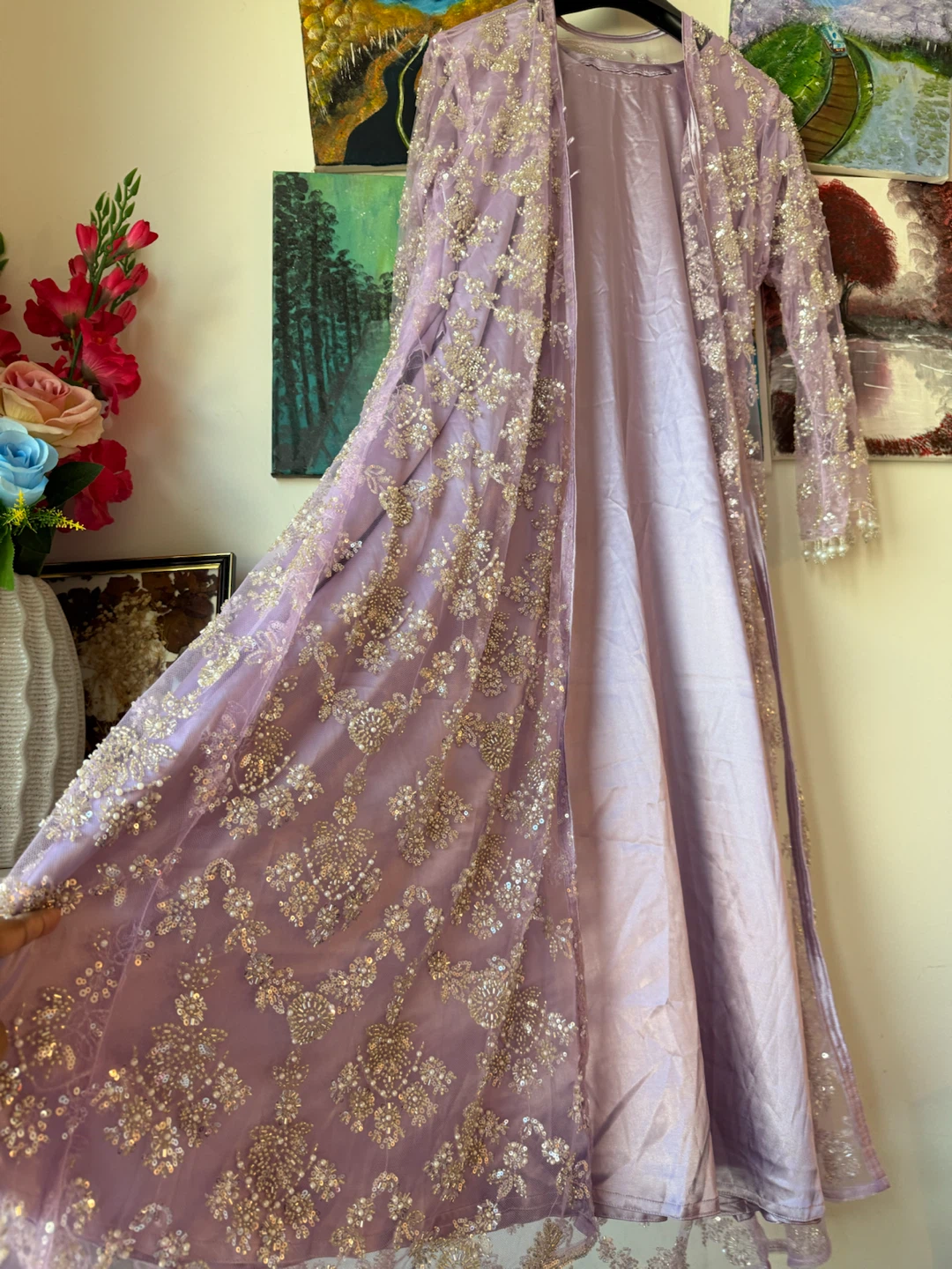 Lavender Embellished Long Coat and Dress Set