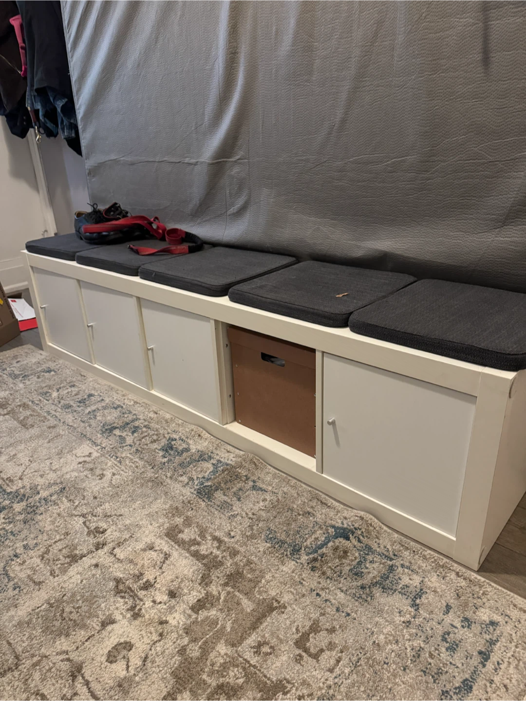 Five cubby Kallax bench with cushions