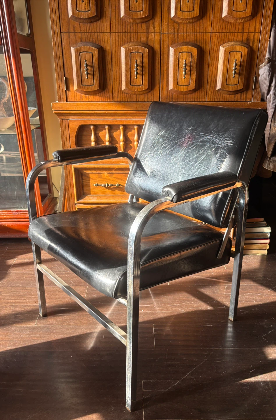 Vintage Mid-Century Modern Chrome and Black Vinyl Lounge Chair