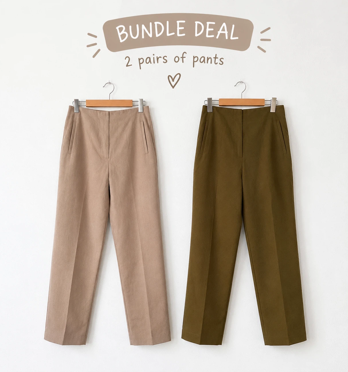 Zara High Waist Straight Pants Bundle - Beige & Olive