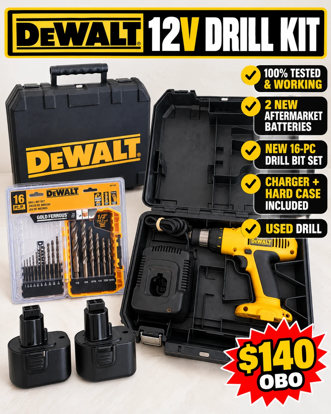 DeWalt 12V Drill Kit – 2 NEW Batteries + NEW Drill Bits