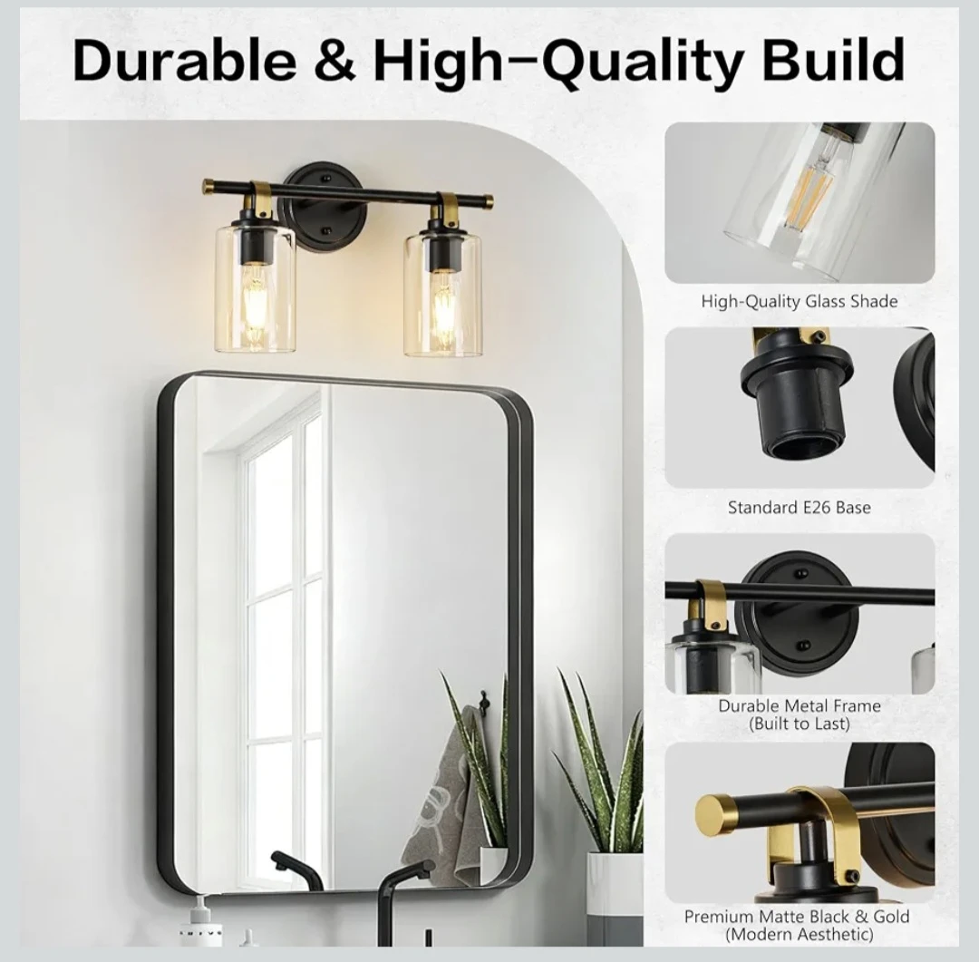 2-Light Vanity Wall Sconce, Matte Black and Gold - photo 3